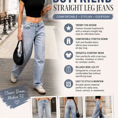👖 ELLEVEN Trendy Stretchy Boyfriend Straight Leg Jeans – Y2K Casual Denim Style Profile Picture